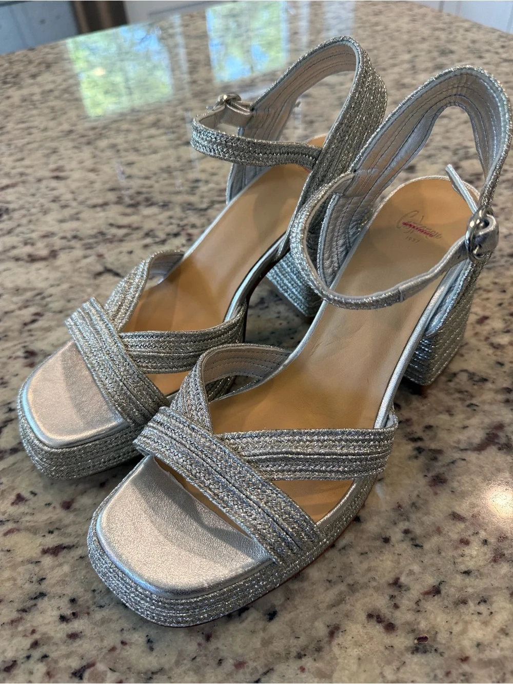 Castañer Valle Metallic Braided Platform Sandals Silver Block Heel NWT sz 8